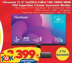 VİEWSONİC 21.5 İNÇ VA220-H FULLHD 1 MS 100HZ HDMI VGA SUPERCLEAR 3 KENAR ÇERÇEVESİZ MONİTÖR
